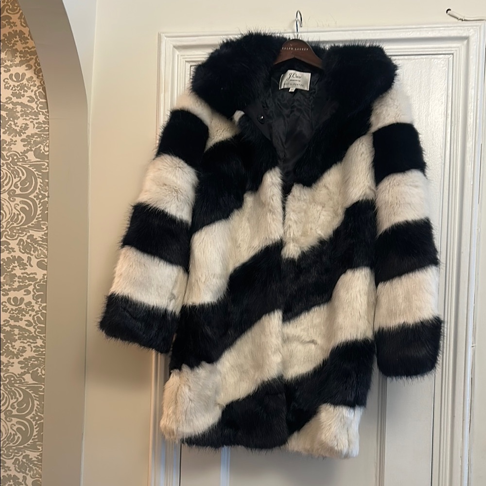 J Crew for net-a-porter exclusive Stylish Navy and White Faux Fur Coat